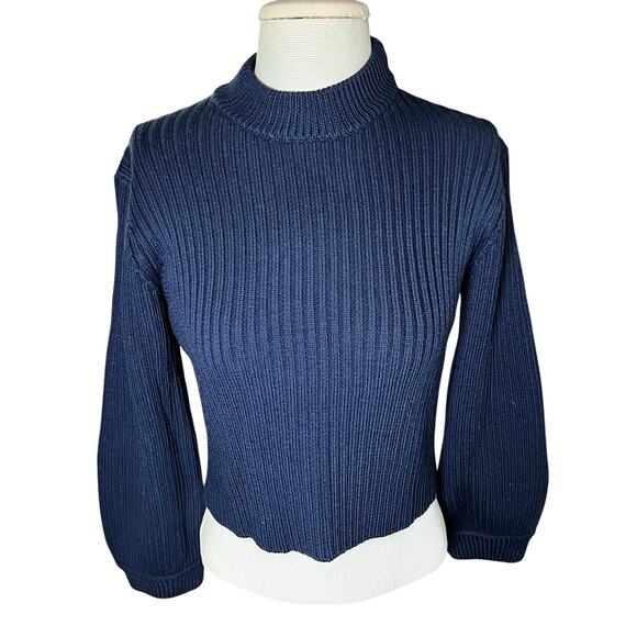 Tibi 100% Merino Wool Ribbed Sweater Womens Blue Balloon Sleeve Knit Crop - Picture 1 of 7